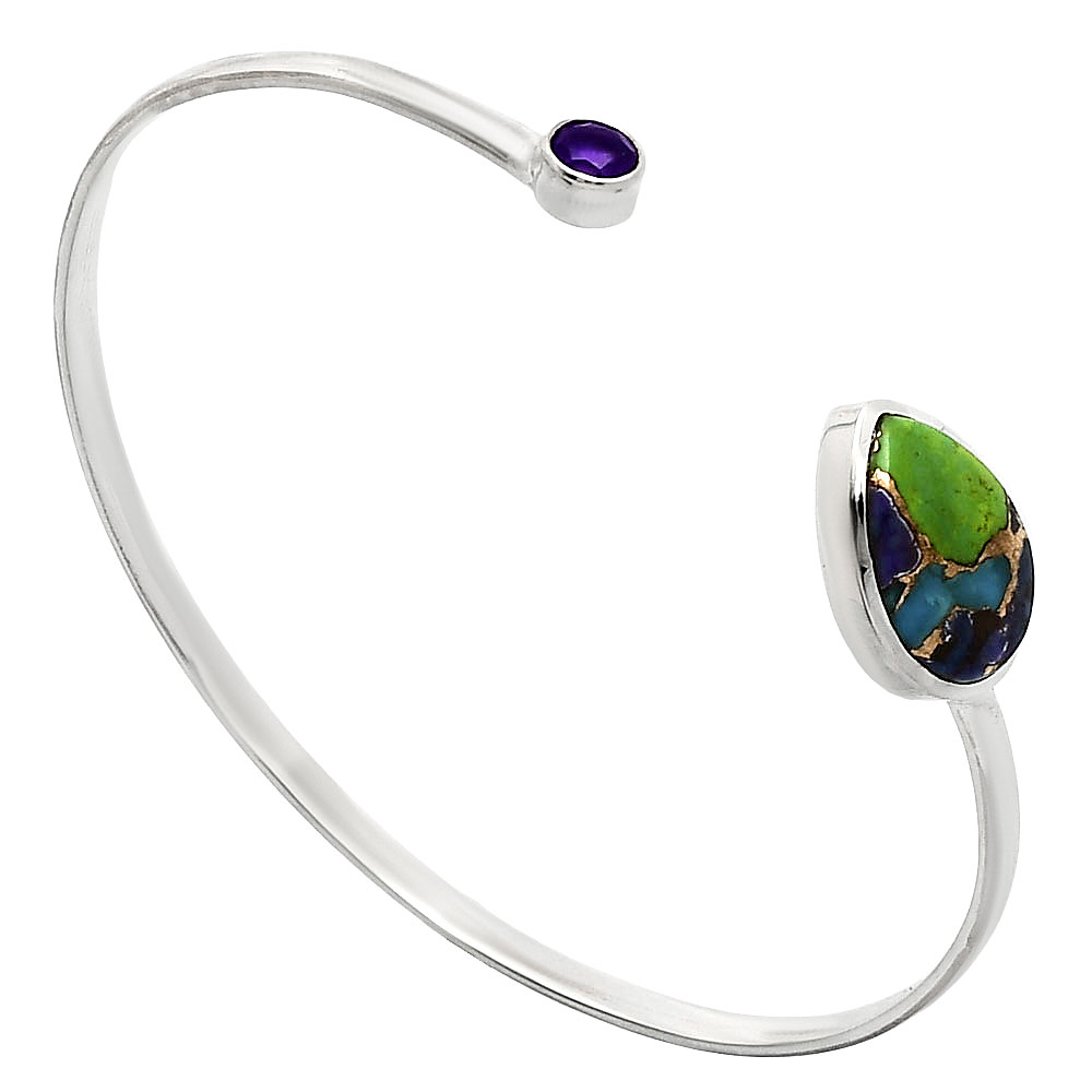 Premium Multi Copper Turquoise Amethyst 925 Silver Cuff Bangle Bracelet  B-1004