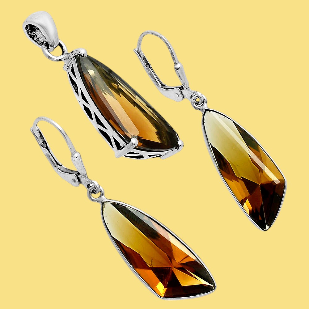 Elegant Faceted Gemstone Pendant Earrings Set 925 Sterling Silver AGT1007