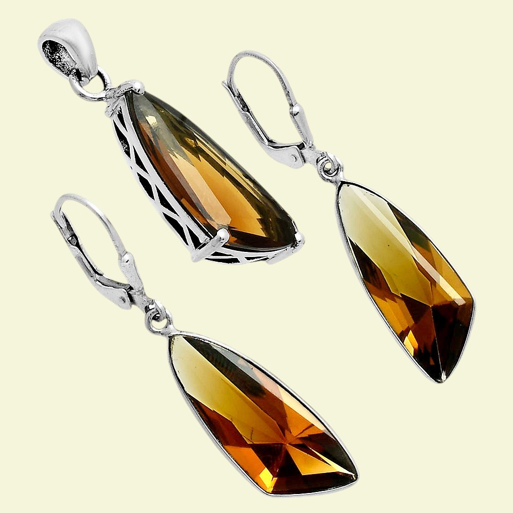 Elegant Faceted Gemstone Pendant Earrings Set 925 Sterling Silver AGT1007
