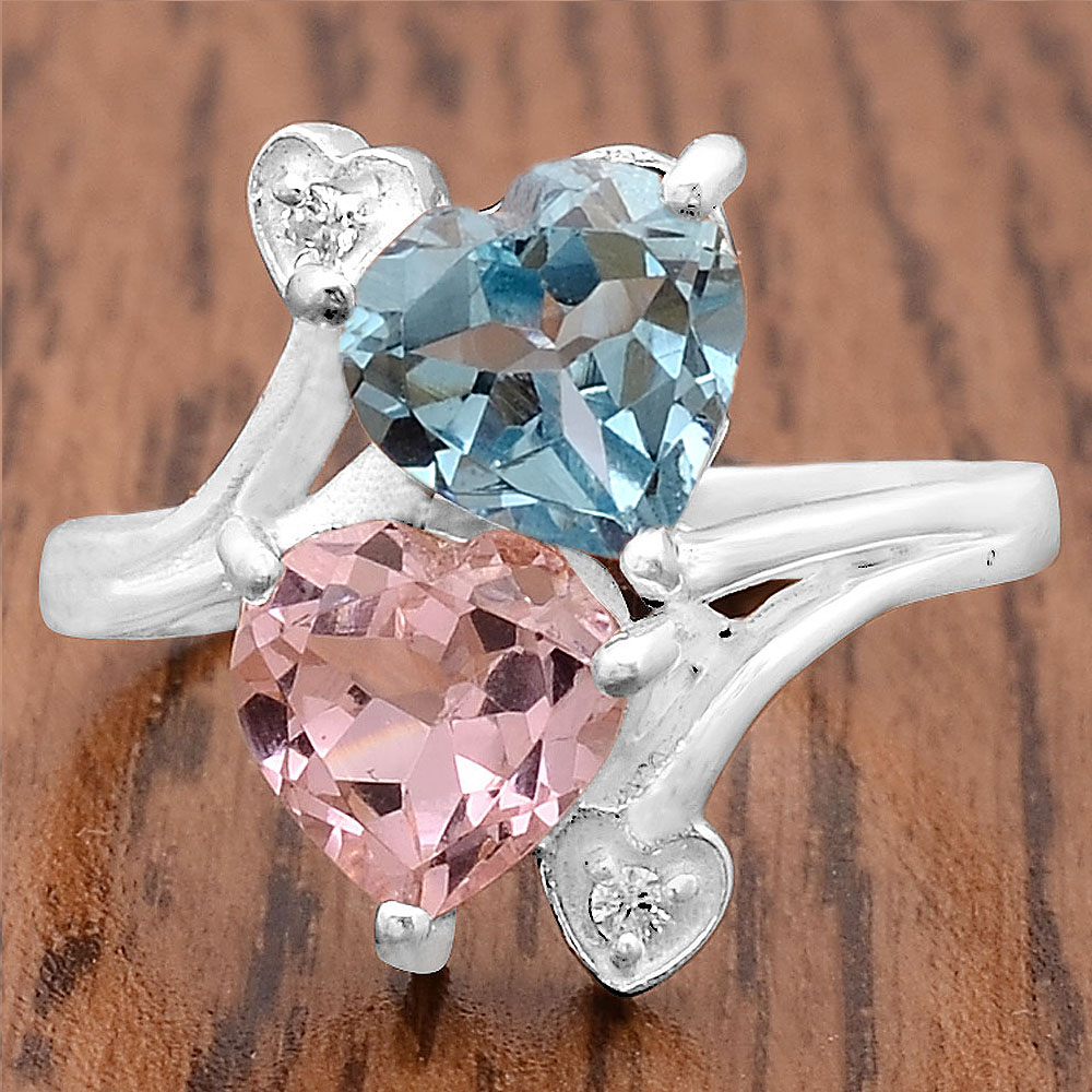 Treated Pink Morganite and Aquamarine 925 Silver Rings Jewelry s.6 DGR1071_K