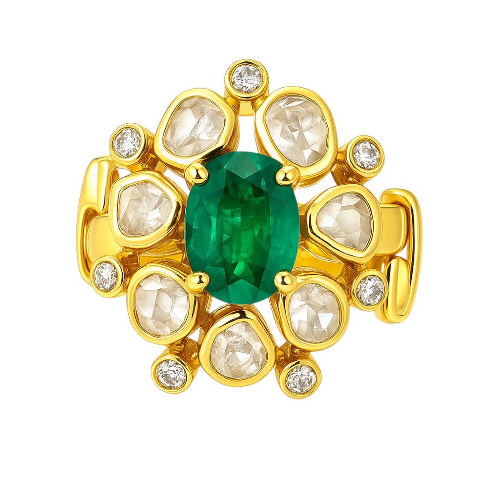 Adjustable Traditional Kundan Polki Gemstone Ring 18K Gold Plated JewelryPGR1001