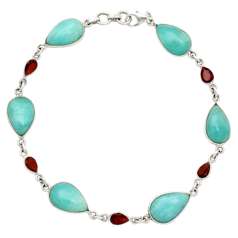 Natural Paraiba Amazonite & Garnet 925 Sterling Silver Bracelet Jewelry B-1006