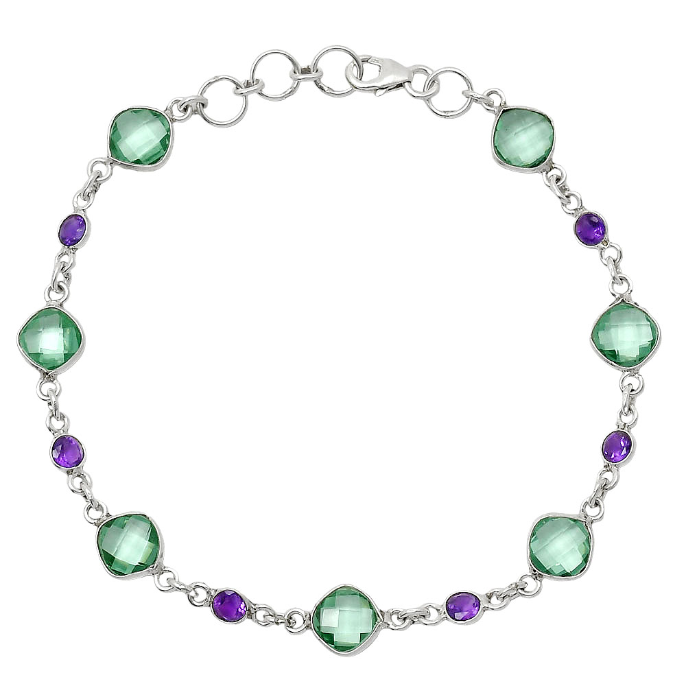 Prasiolite Checker Briolette & Amethyst 925 Silver Bracelet Jewelry B-1006