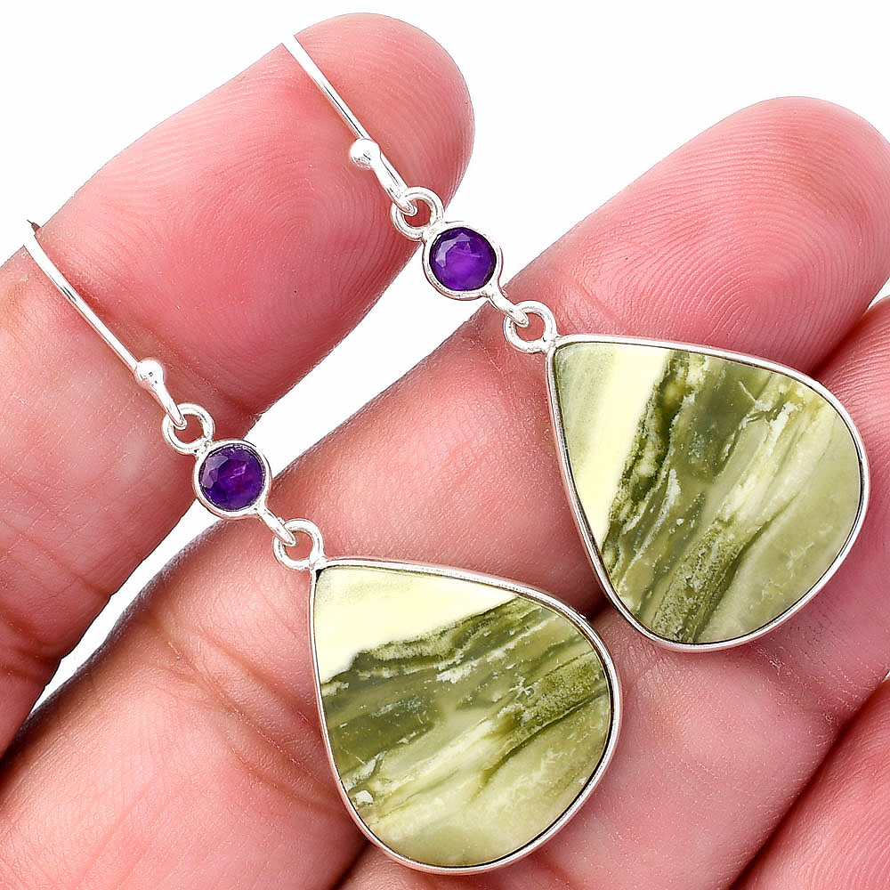 Natural Serpentine & Amethyst 925 Sterling Silver Earrings Jewelry E-1002