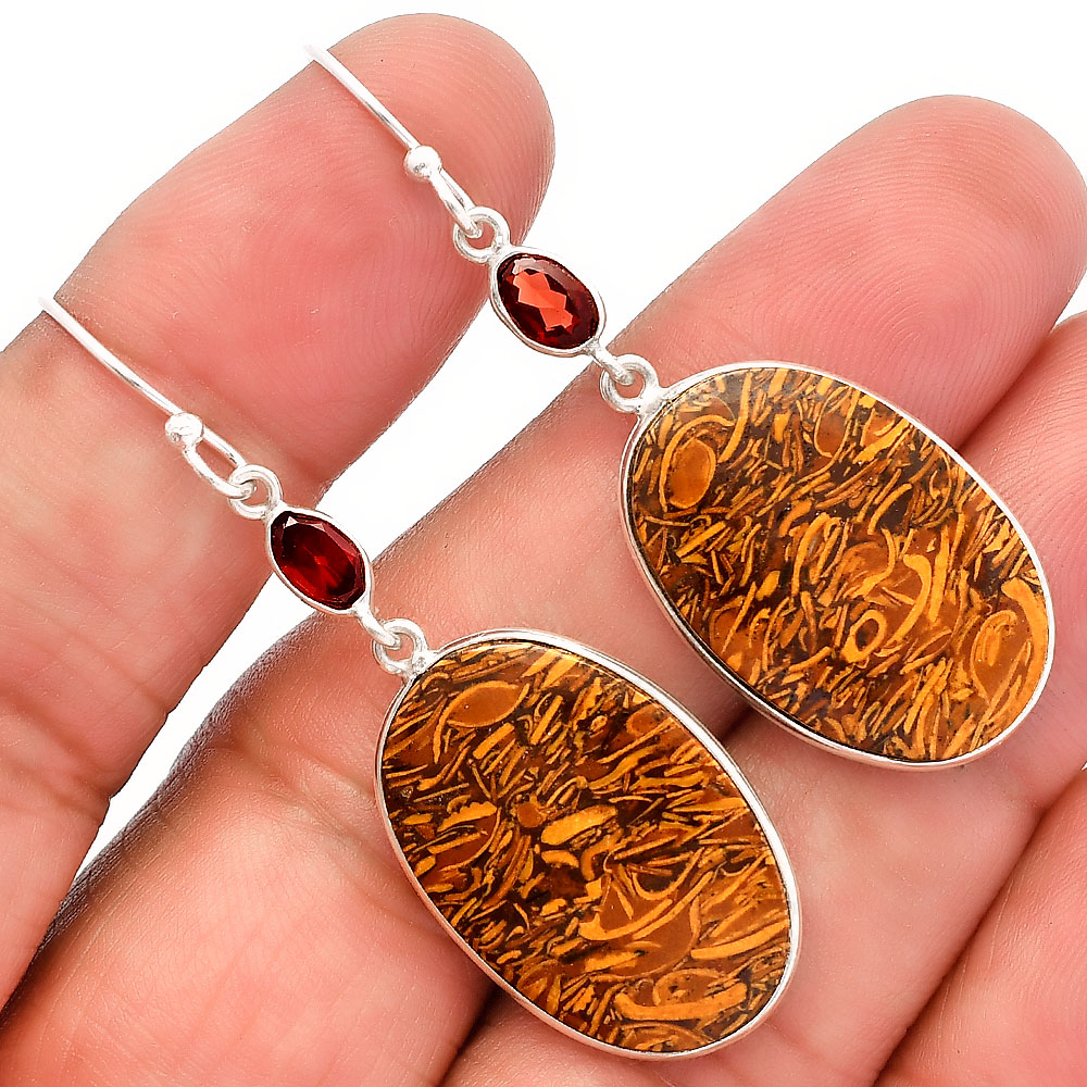 Coquina Fossil Jasper & Garnet 925 Sterling Silver Earrings Jewelry E-1002