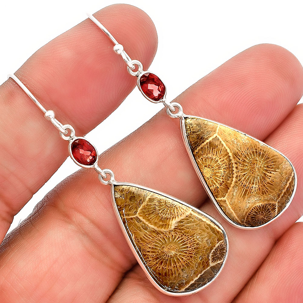 Flower Fossil Coral & Garnet 925 Sterling Silver Earrings Jewelry E-1002