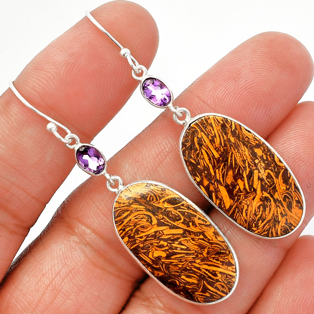Coquina Fossil Jasper & Amethyst 925 Sterling Silver Earrings Jewelry E-1002