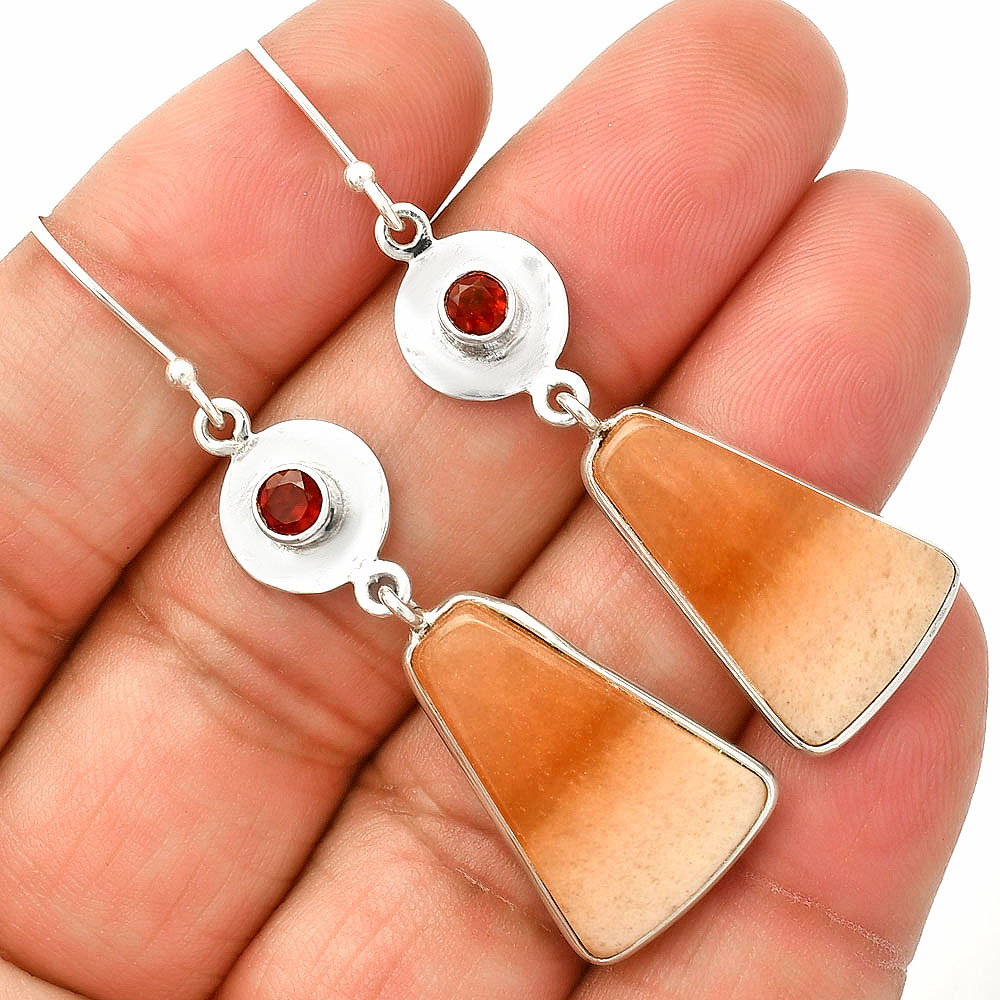 Natural Orange Aventurine & Garnet 925 Sterling Silver Earrings Jewelry E-1081
