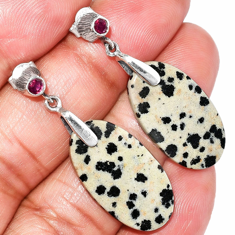 Natural Dalmatian & Ruby 925 Sterling Silver Earrings Jewelry E-1120