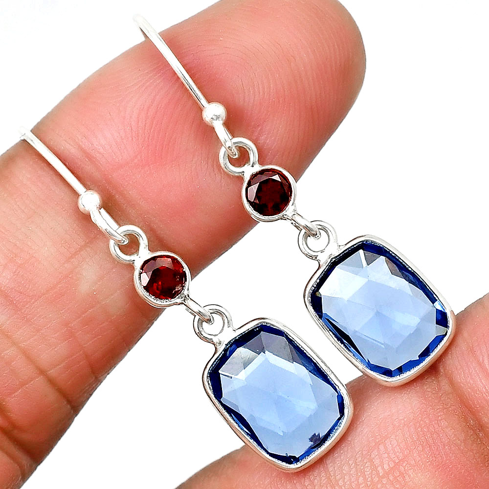 Lab Created Tanzanite Checker Briolette & Garnet 925 Silver Earrings E-1006