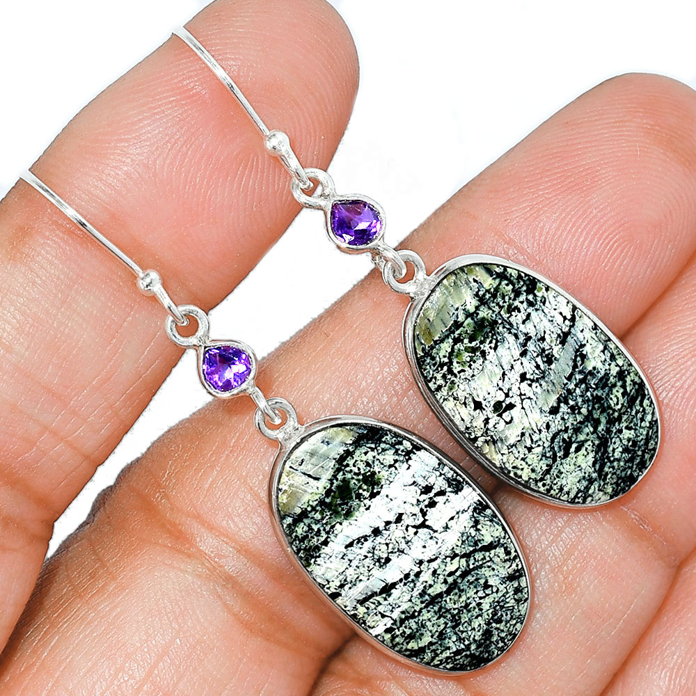 Natural Chrysotile & Amethyst 925 Sterling Silver Earrings Jewelry E-1002