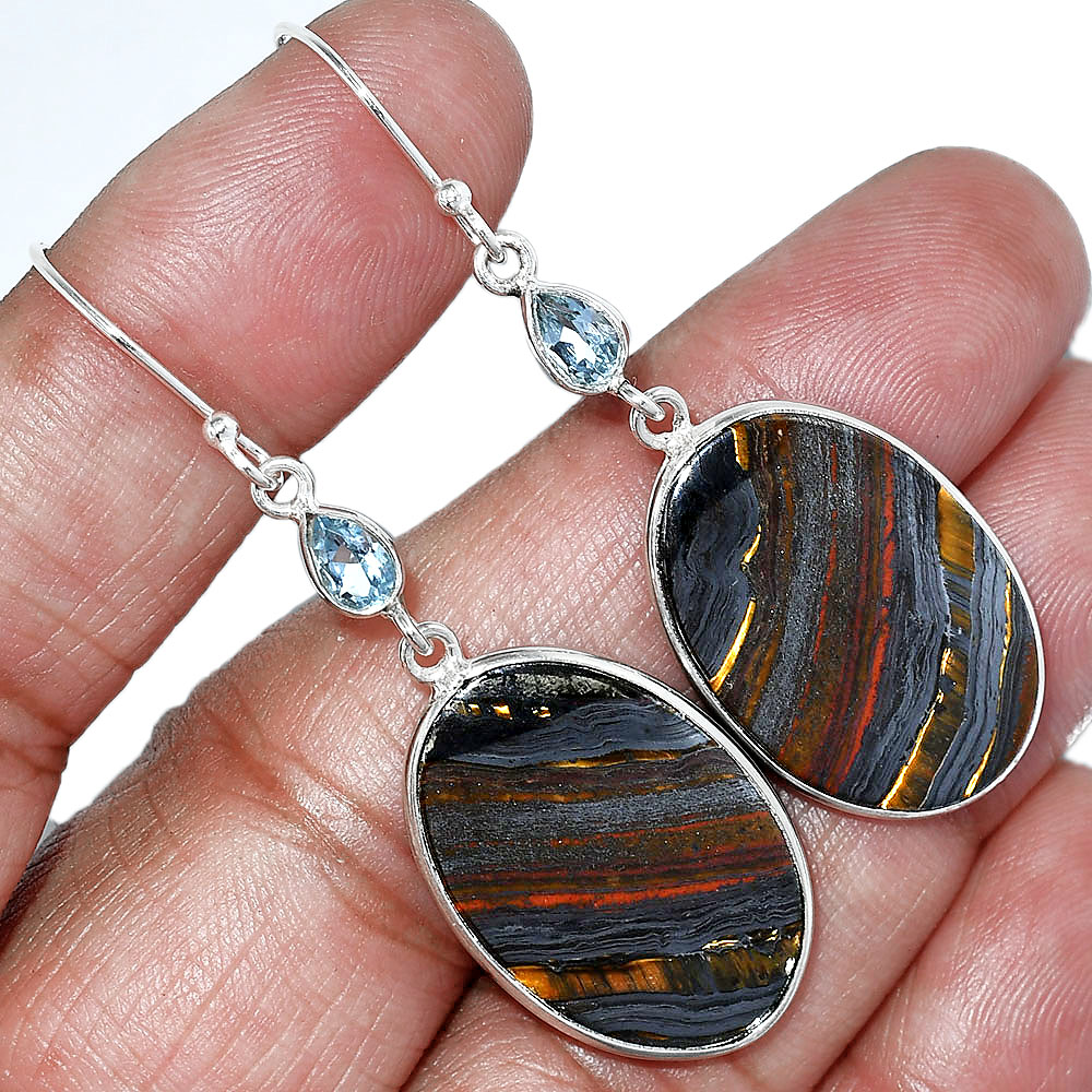 Iron Tiger Eye & Sky Blue Topaz 925 Sterling Silver Earrings Jewelry E-1002