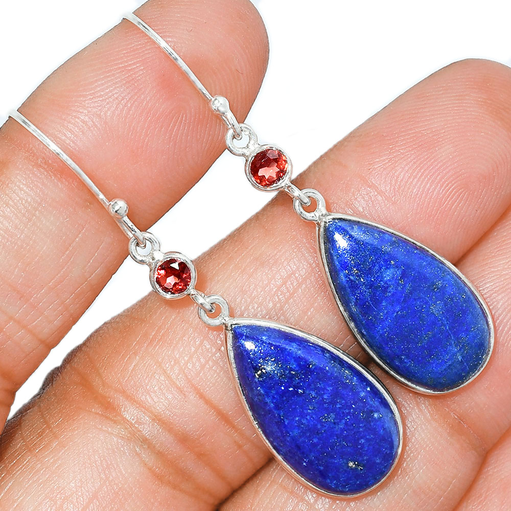 Lapis Lazuli - Afghanistan & Garnet 925 Sterling Silver Earrings Jewelry E-1002