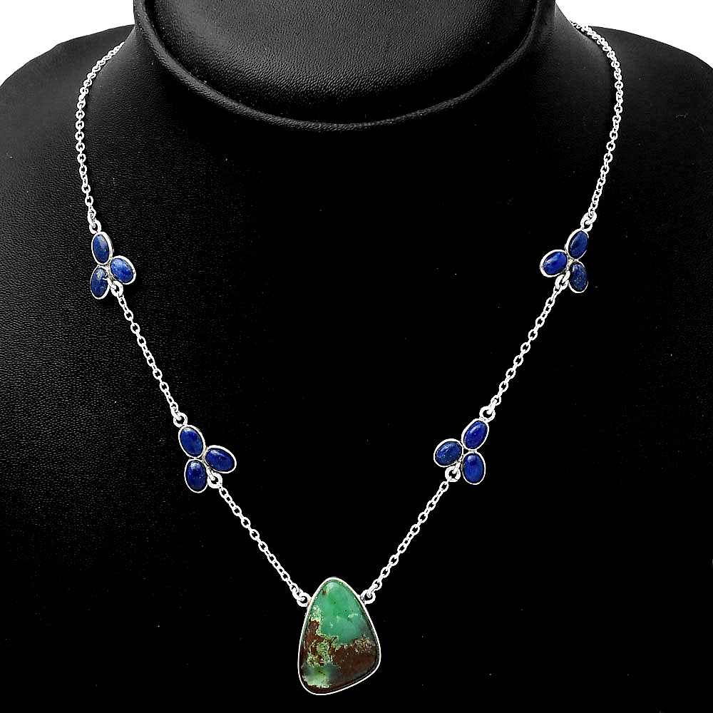 Natural Boulder Chrysoprase & Lapis 925 Sterling Silver Necklace Jewelry N-1004