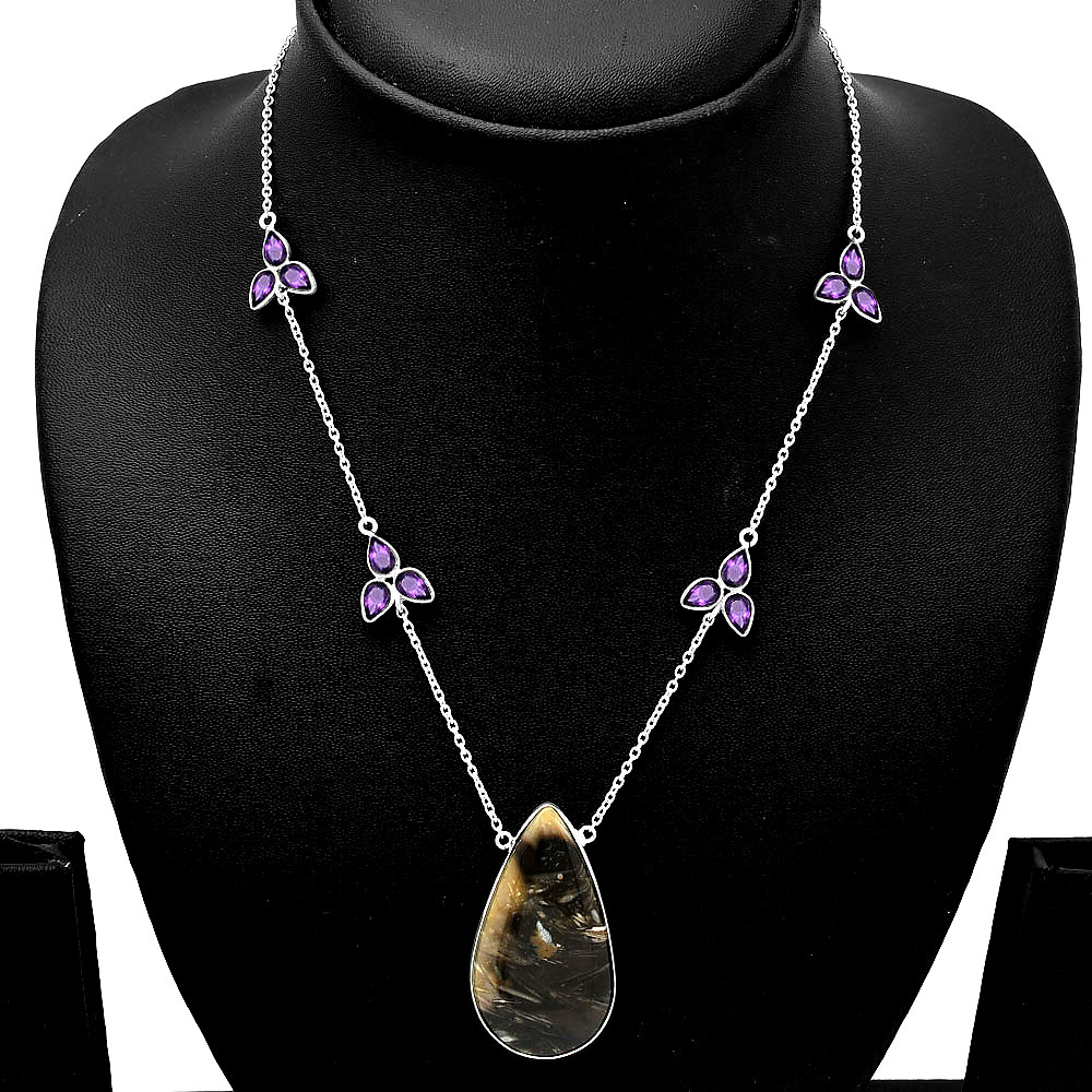 Natural Bat Cave Jasper & Amethyst 925 Sterling Silver Necklace Jewelry N-1004