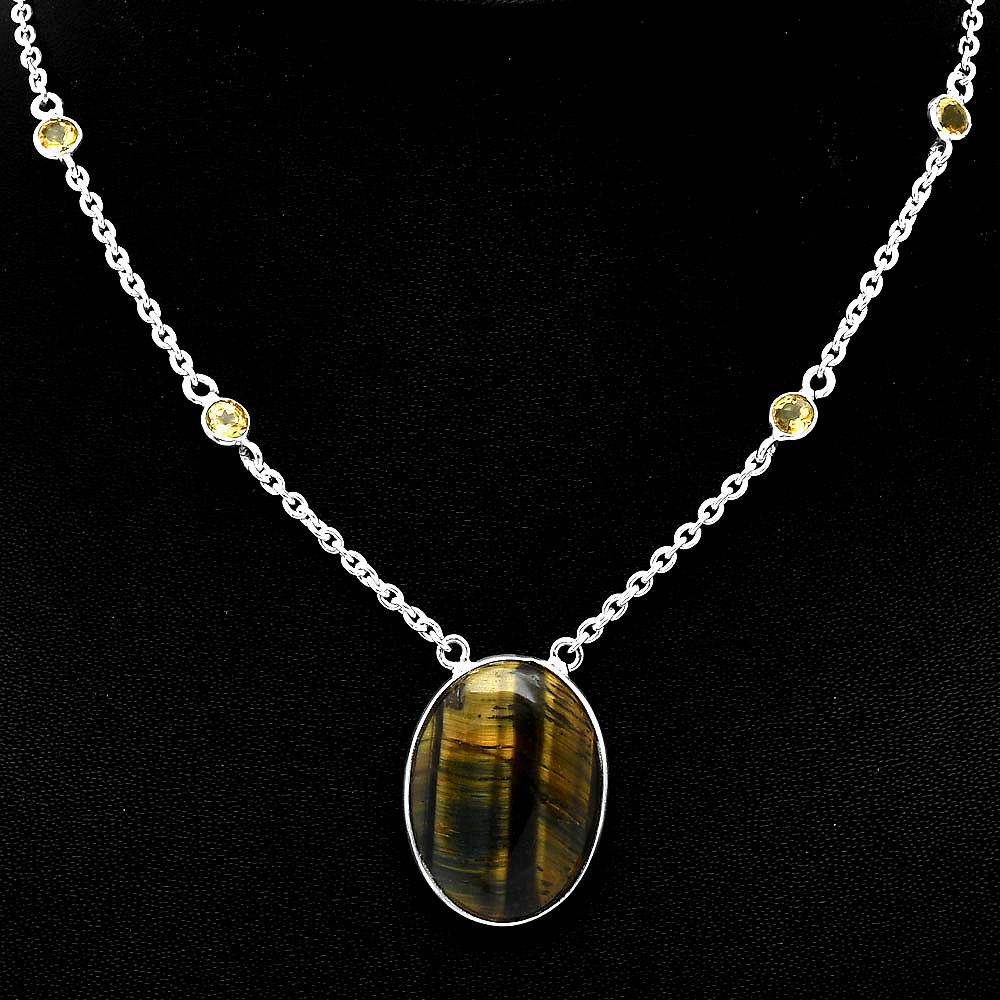 Natural Blue Tiger Eye & Citrine 925 Sterling Silver Necklace Jewelry N-1012
