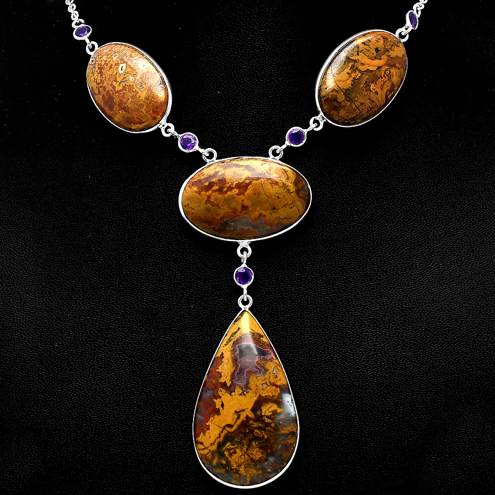 Rare Cady Mountain Agate & Amethyst 925 Sterling Silver Necklace Jewelry N-1023