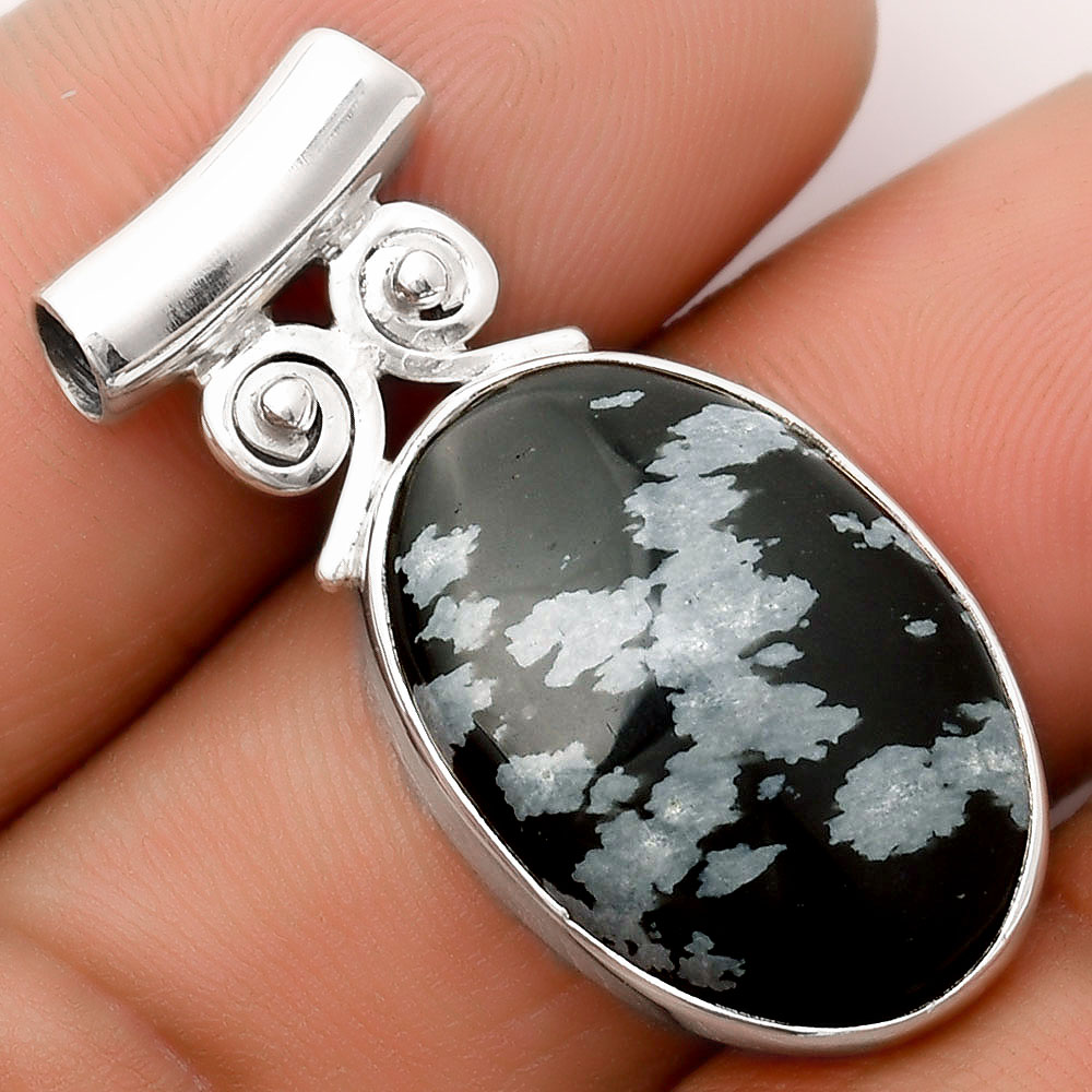 Natural Snow Flake Obsidian 925 Sterling Silver Pendant Jewelry P-1597