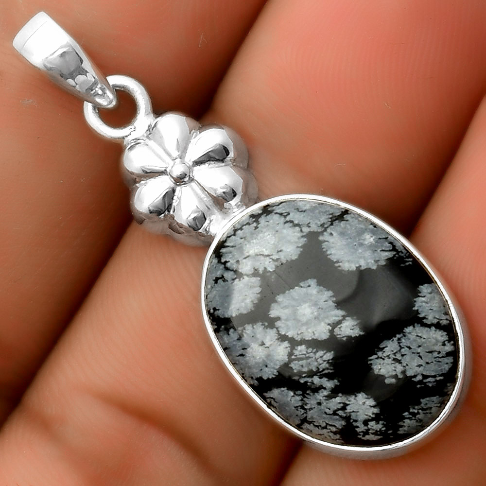 Natural Snow Flake Obsidian 925 Sterling Silver Pendant Jewelry P-1308