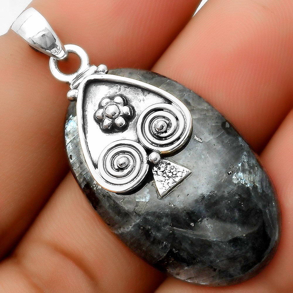 Larvikite Stone - Black Moonstone 925 Sterling Silver Pendant Jewelry P-1388