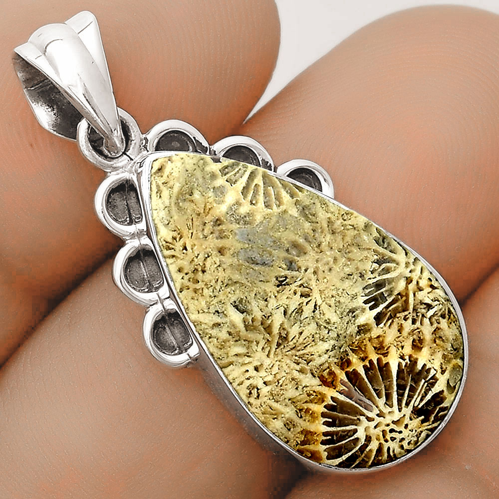 Natural Flower Fossil Coral 925 Sterling Silver Pendant Jewelry