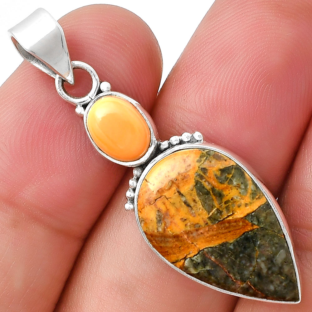 Moroccan Yellow Jacket Jasper & Spiny Oyster Shell 925 Silver Pendant
