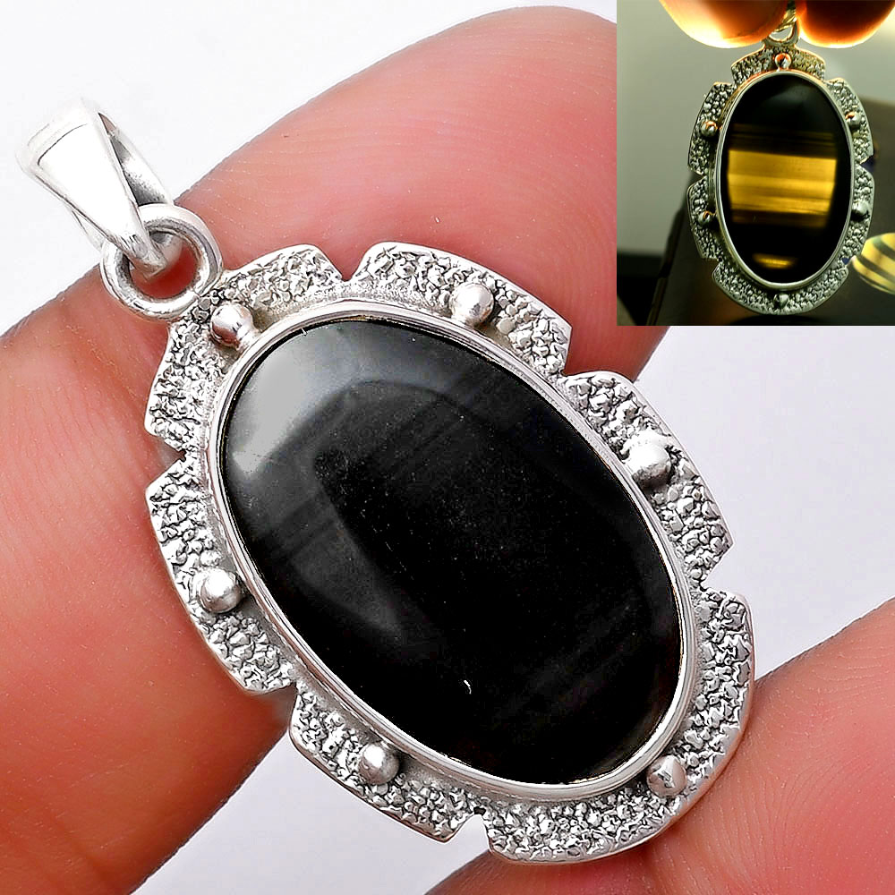 Natural Black Lace Obsidian 925 Sterling Silver Pendant Jewelry P-1485