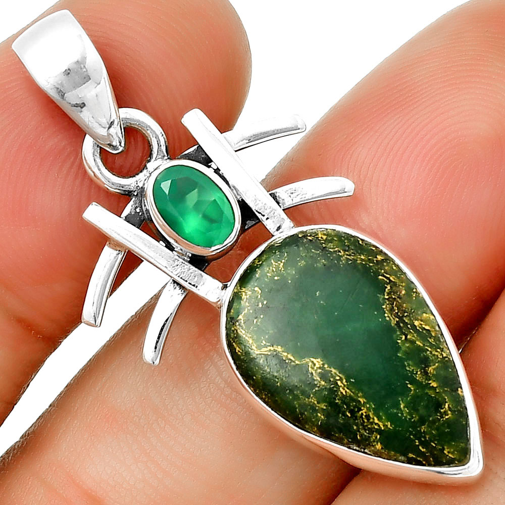 Natural Green Fuchsite & Green Onyx 925 Sterling Silver Pendant Jewelry P-1046