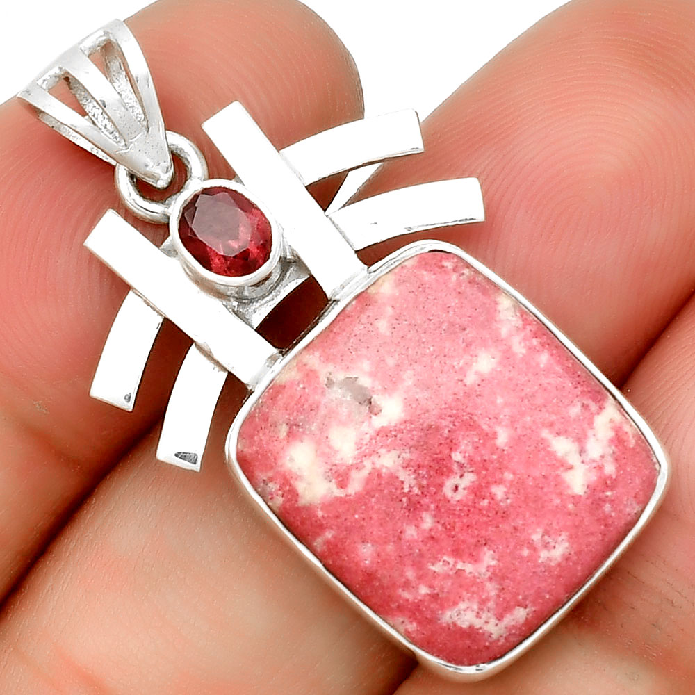 Natural Pink Thulite Norway & Garnet 925 Sterling Silver Pendant Jewelry P-1046