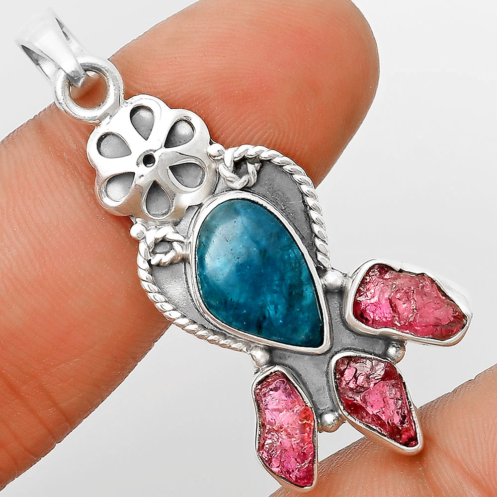 Blue Apatite & Pink Tourmaline Rough 925 Sterling Silver Pendant Jewelry P-1570