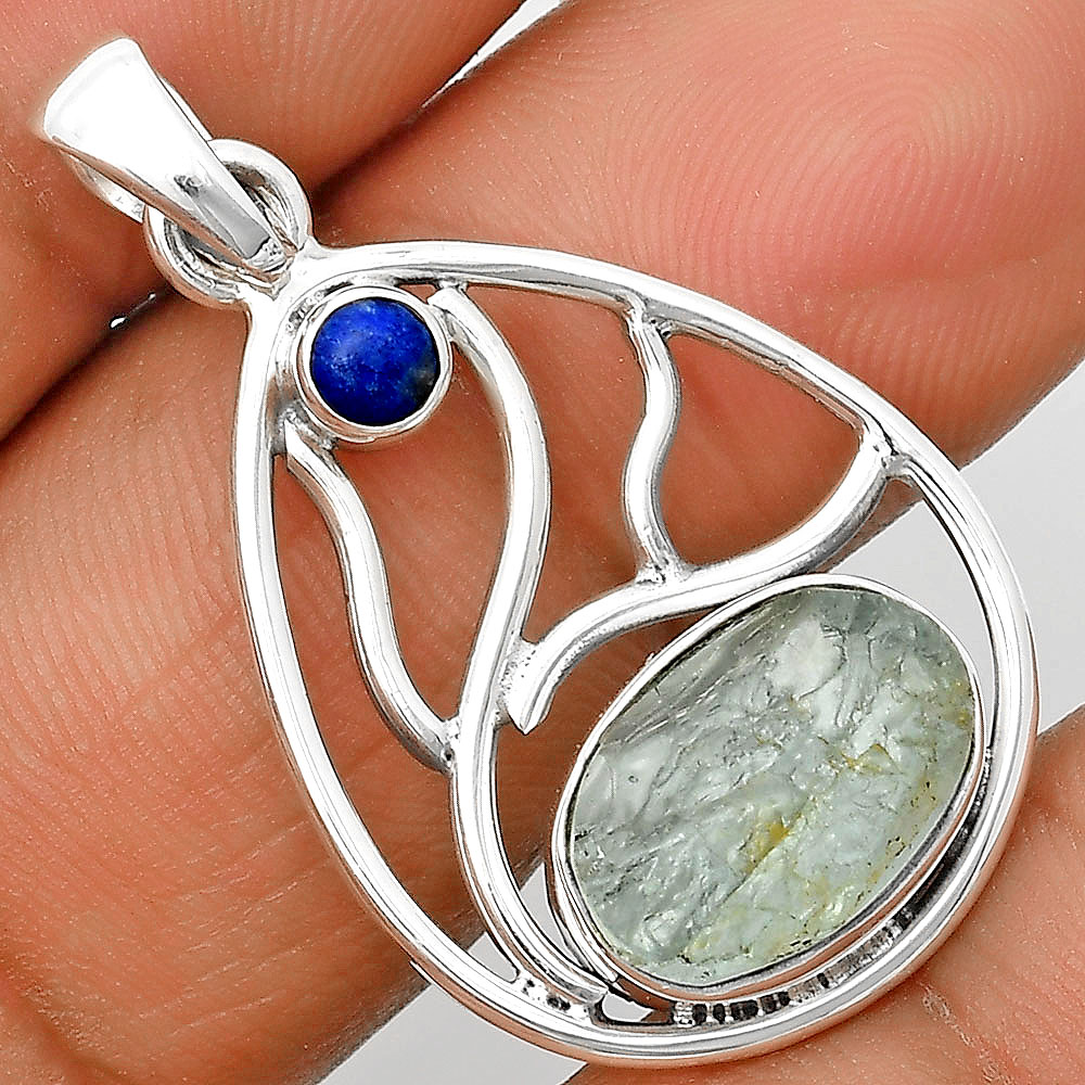 Natural Aquamarine Rough & Lapis Lazuli 925 Silver Pendant Jewelry P-1572