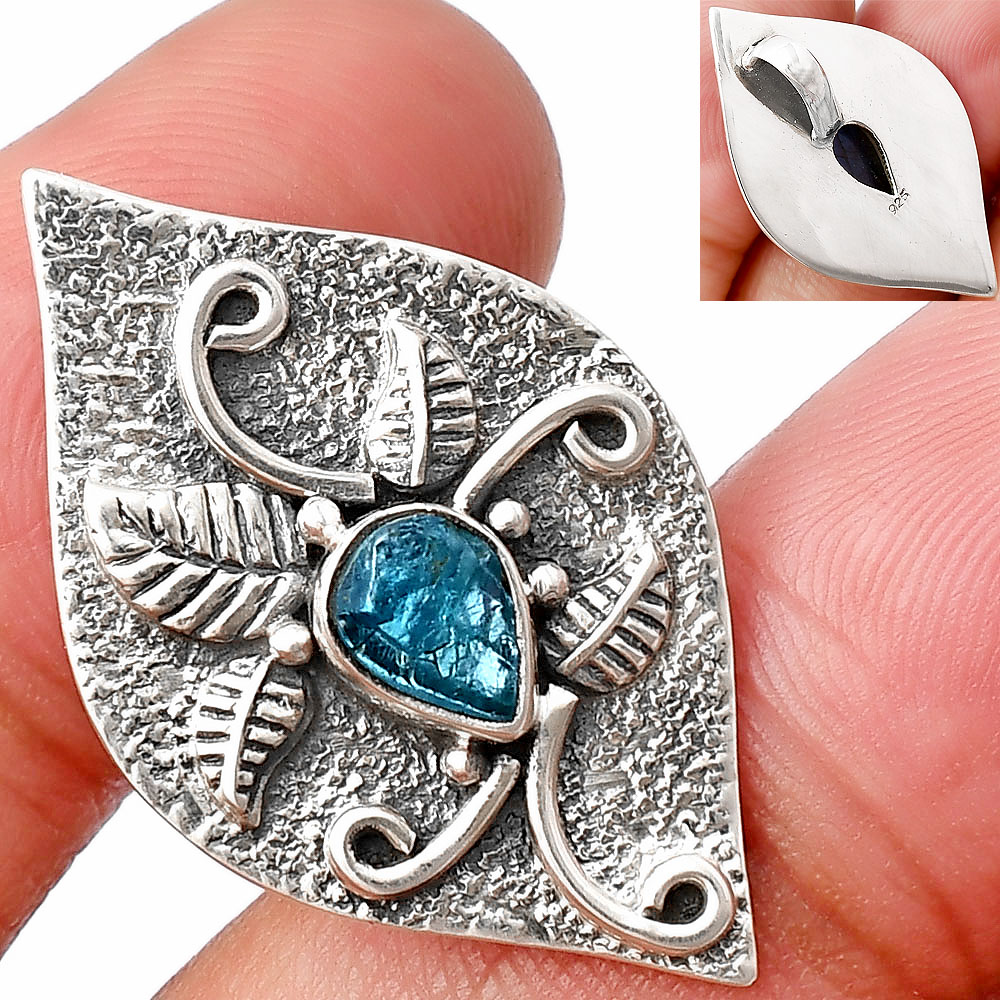 Neon Blue Apatite Rough - Madagascar 925 Sterling Silver Pendant Jewelry P-1518