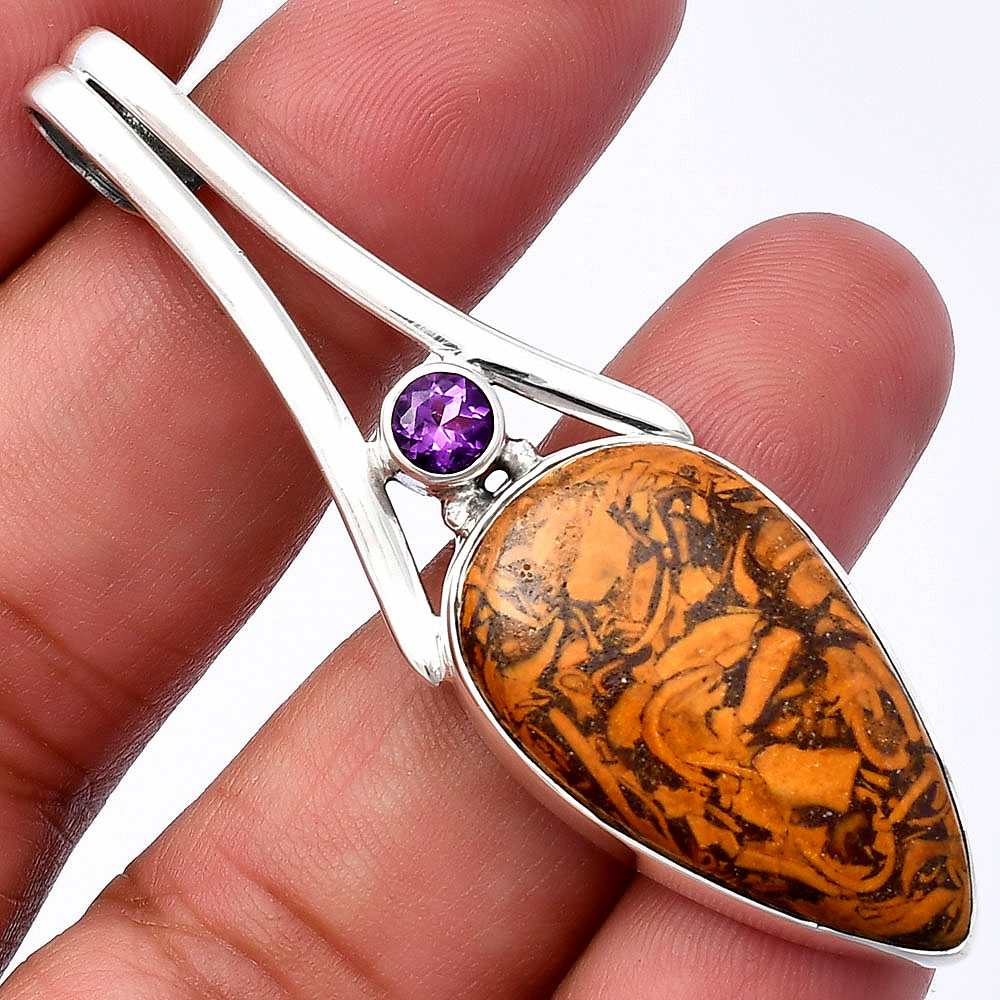Coquina Fossil Jasper & Amethyst 925 Sterling Silver Pendant Jewelry P-1006
