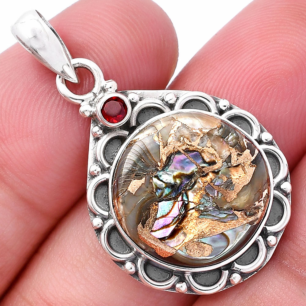Natural Copper Abalone Shell & Garnet 925 Sterling Silver Pendant Jewelry P-1080