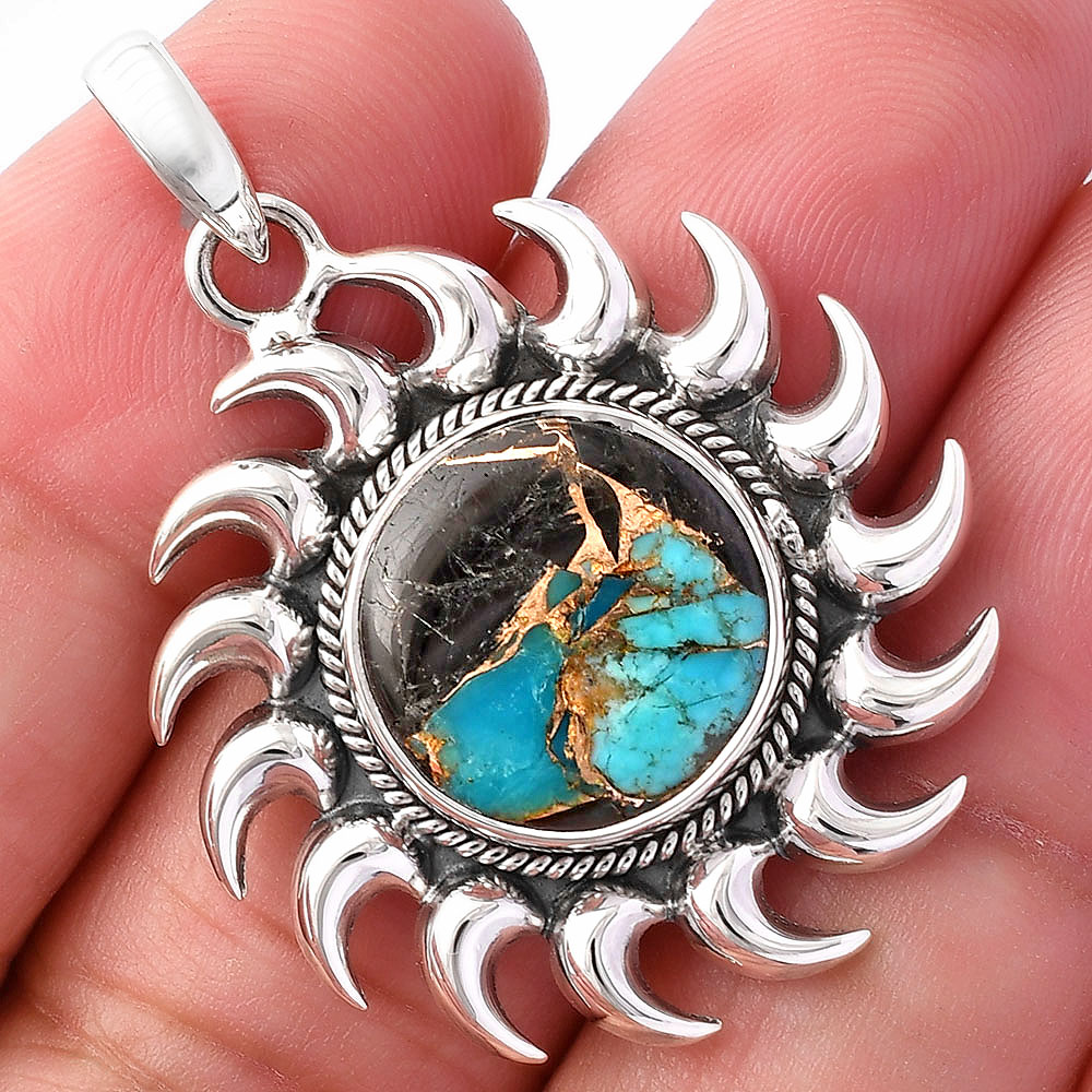 Sun - Shell In Black Blue Turquoise 925 Sterling Silver Pendant Jewelry P-1264