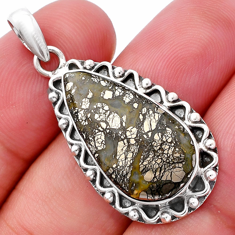Natural Nipomo Marcasite Agate 925 Sterling Silver Pendant Jewelry P-1514