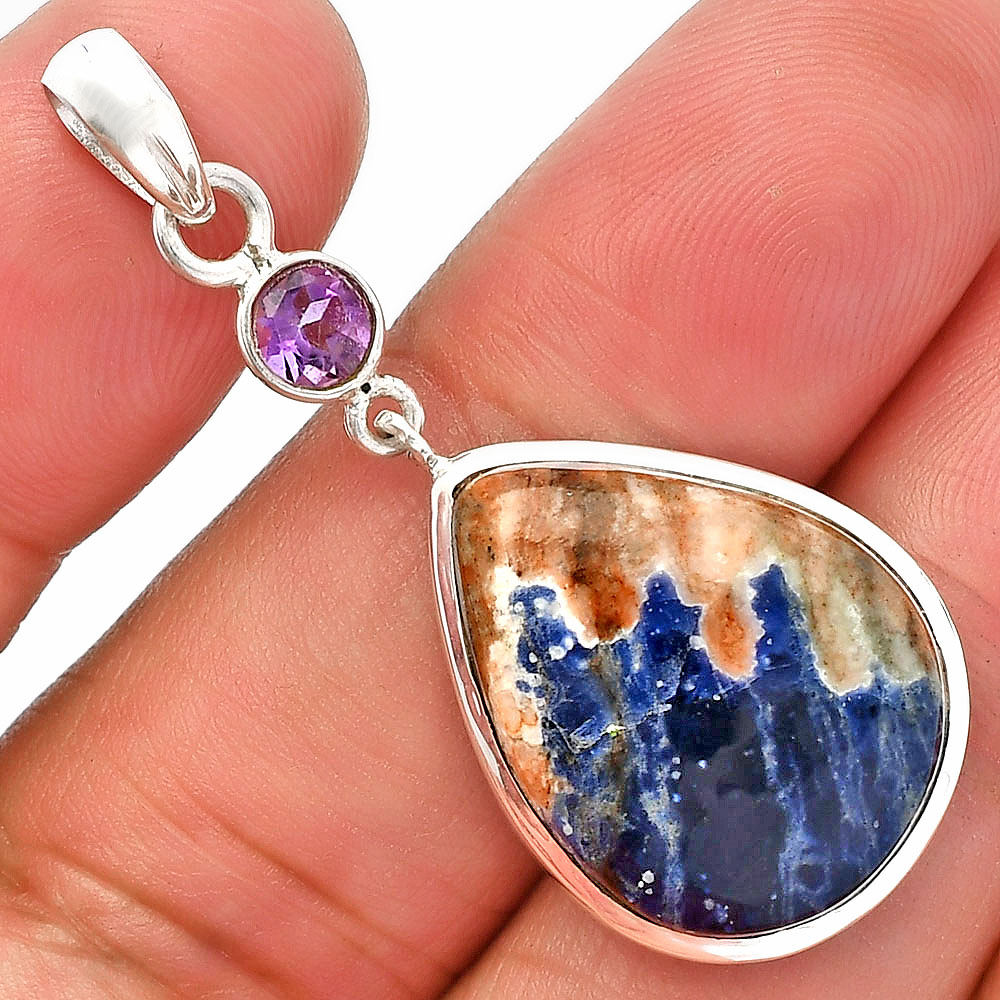Natural Sodalite & Amethyst 925 Sterling Silver Pendant Jewelry P-1531