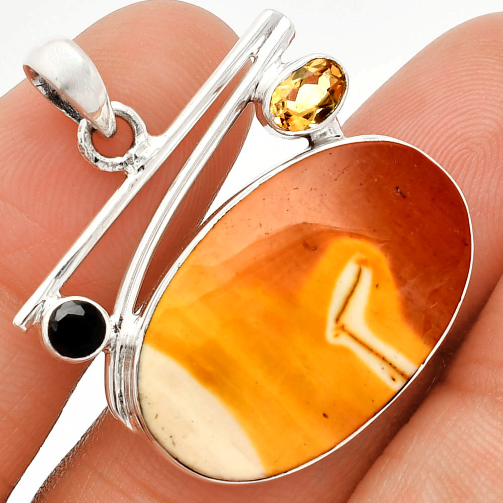 Red Mookaite, Citrine & Black Onyx 925 Sterling Silver Pendant Jewelry P-1286