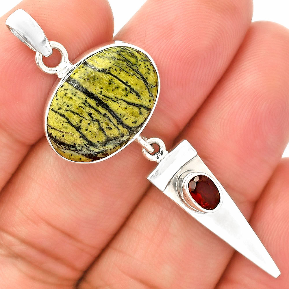 Natural Chrysotile & Garnet 925 Sterling Silver Pendant Jewelry P-1474