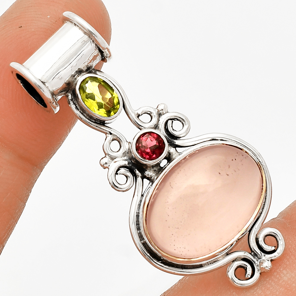 Rose Quartz, Peridot & Garnet 925 Sterling Silver Pendant Jewelry P-1448