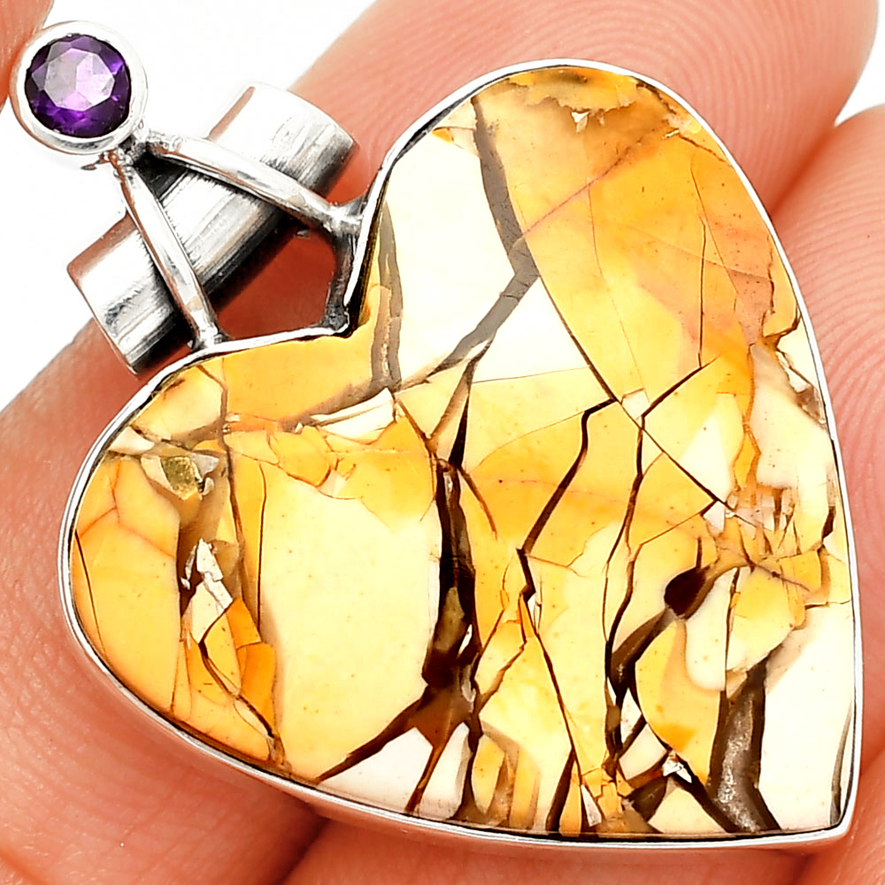 Heart Brecciated Mookaite & Amethyst 925 Sterling Silver Pendant Jewelry P-1159