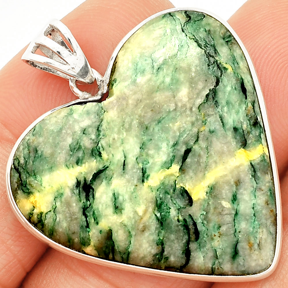 Heart - Tree Weed Moss Agate - India 925 Sterling Silver Pendant Jewelry P-1043
