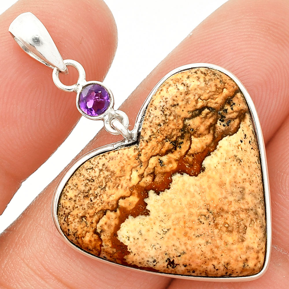 Heart - Picture Jasper & Amethyst 925 Sterling Silver Pendant Jewelry P-1098