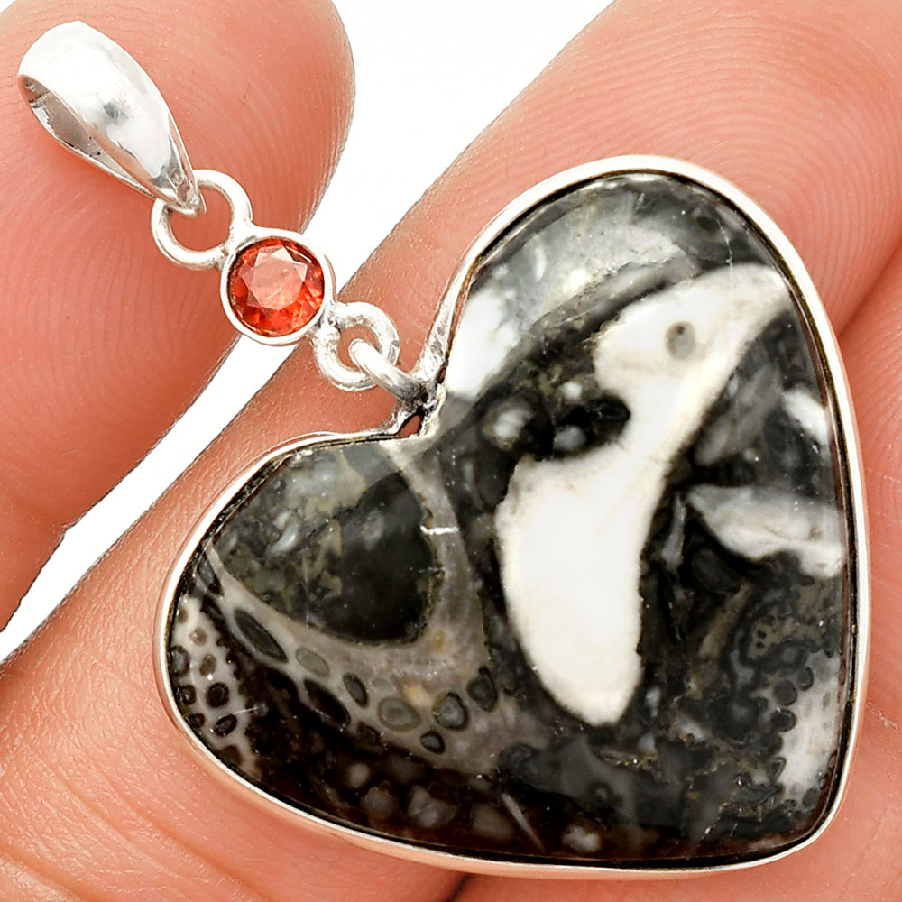 Heart Mexican Cabbing Fossil & Garnet 925 Sterling Silver Pendant Jewelry P-1098