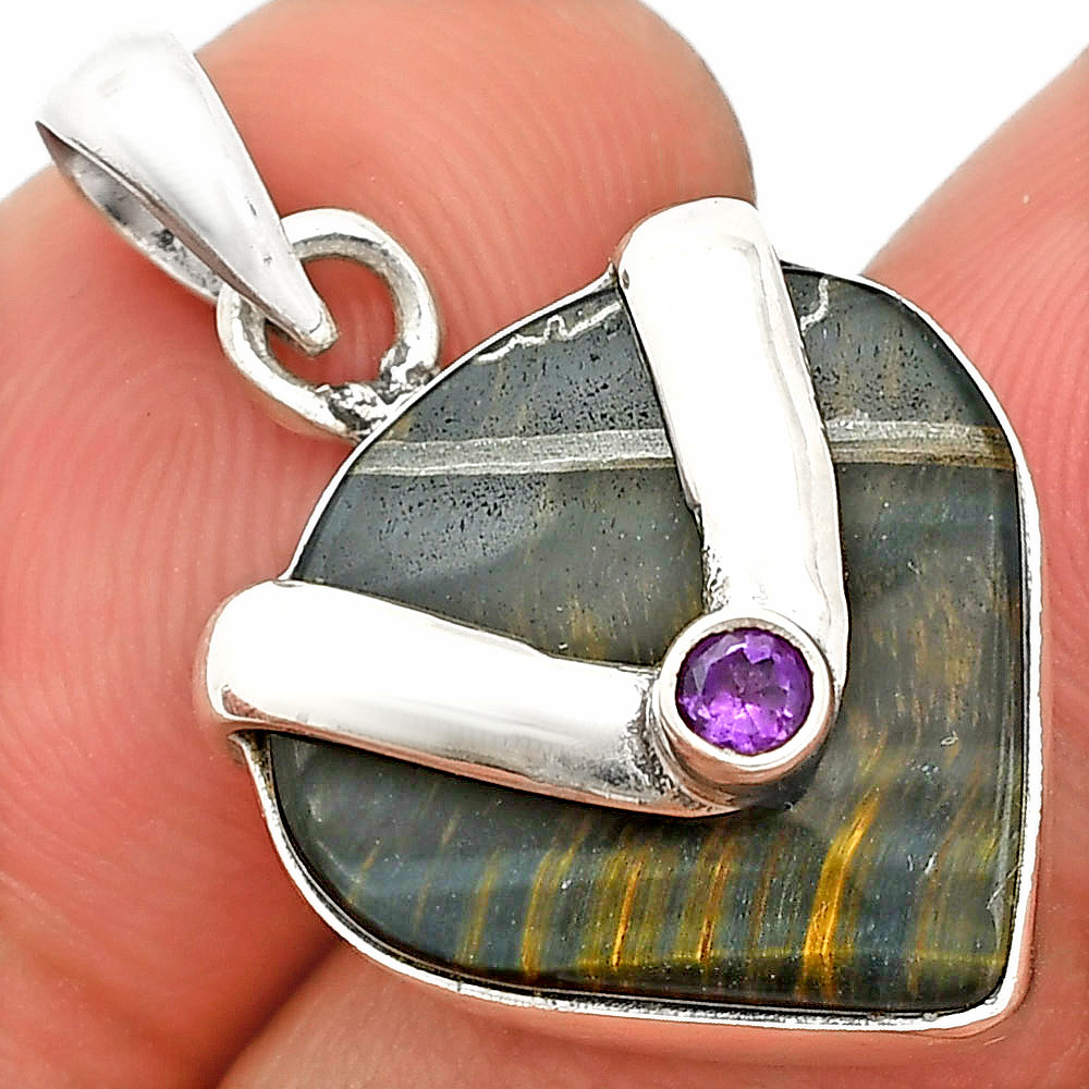 Natural Blue Tiger Eye & Amethyst 925 Sterling Silver Pendant Jewelry P-1735