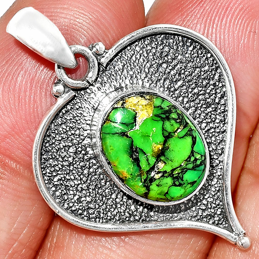 Heart - Green Matrix Turquoise 925 Sterling Silver Pendant Jewelry P-1503