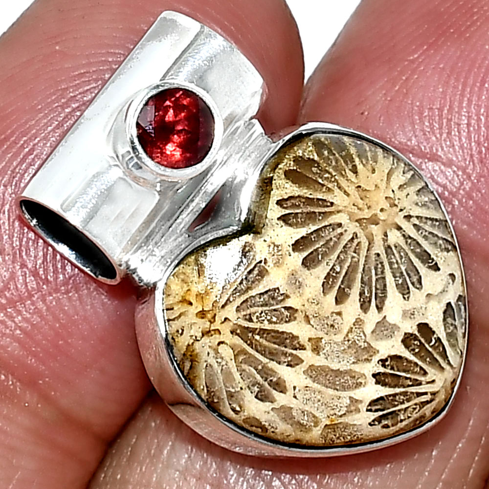 Heart - Flower Fossil Coral & Garnet 925 Sterling Silver Pendant Jewelry P-1300