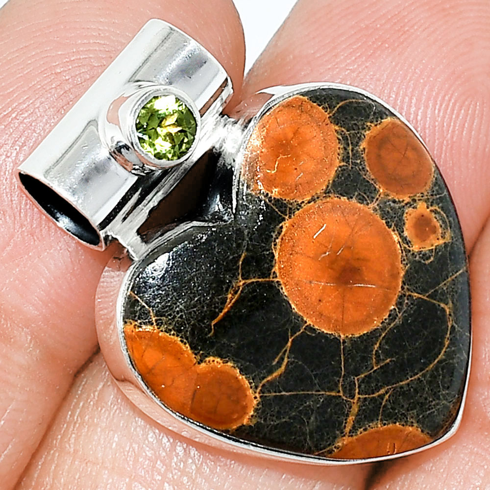 Heart - Peanut Obsidian & Peridot 925 Sterling Silver Pendant Jewelry P-1300