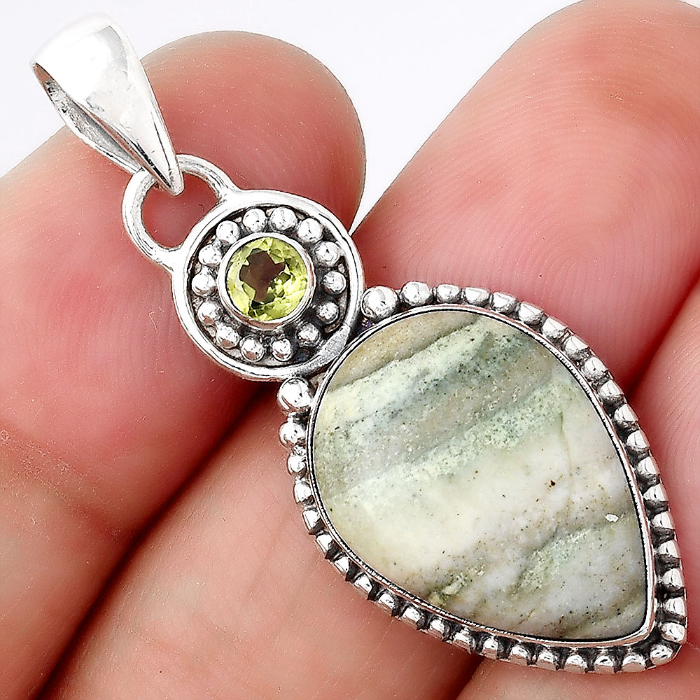 Natural Saturn Chalcedony and Peridot 925 Sterling Silver Pendant Jewelry P-1500