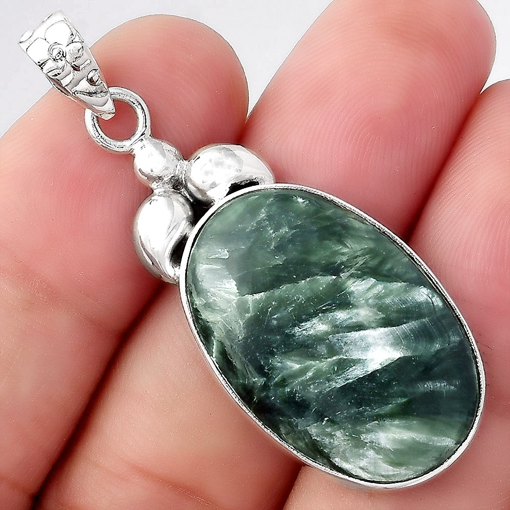Natural Russian Seraphinite 925 Sterling Silver Pendant Jewelry P-1694
